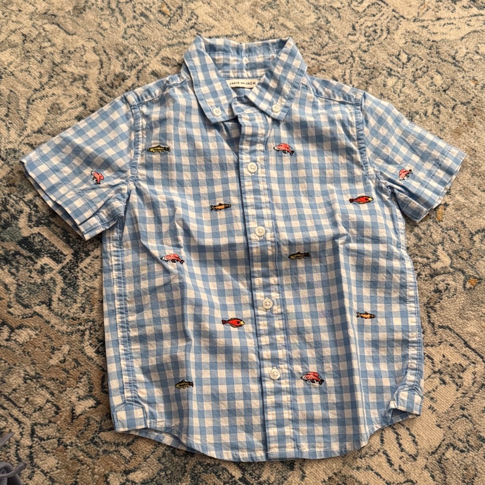 Blue Checkered Kids Shirt with Embroidered Fish